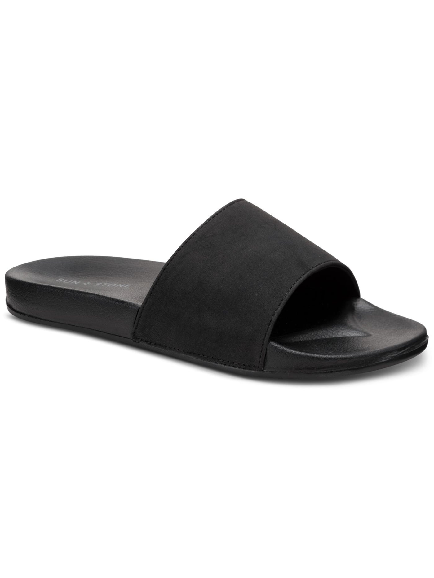 SUN STONE Mens Black Contoured Footbed Padded Ian Round Toe Slip On Slide Sandals Shoes 12