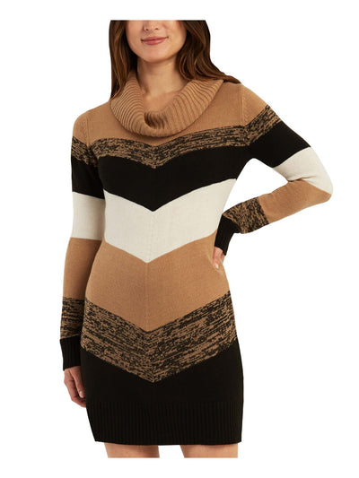 BCX DRESS Womens Beige Color Block Long Sleeve Cowl Neck Above The Knee Sweater Dress L