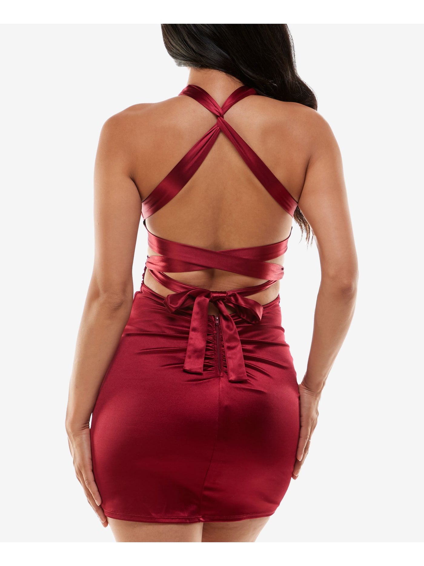 B DARLIN Womens Red Ruched Zippered Crisscross Straps Lace Up Back Sleeveless V Neck Short Party Body Con Dress Juniors XL