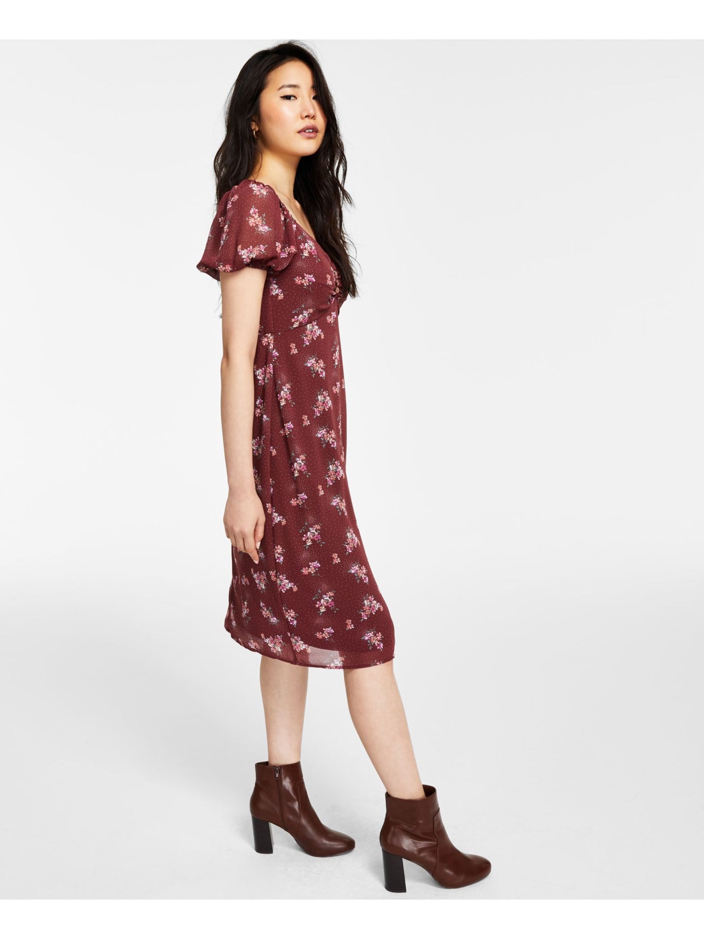 KIT + SKY Womens Maroon Slitted Lined Floral Short Sleeve V Neck Below The Knee Faux Wrap Dress Juniors M