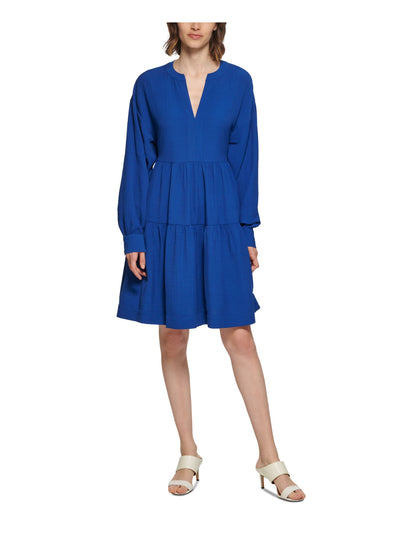 CALVIN KLEIN Womens Blue Textured Pocketed Tie-back Tiered Skirt Long Sleeve V Neck Above The Knee Party Fit + Flare Dress 10