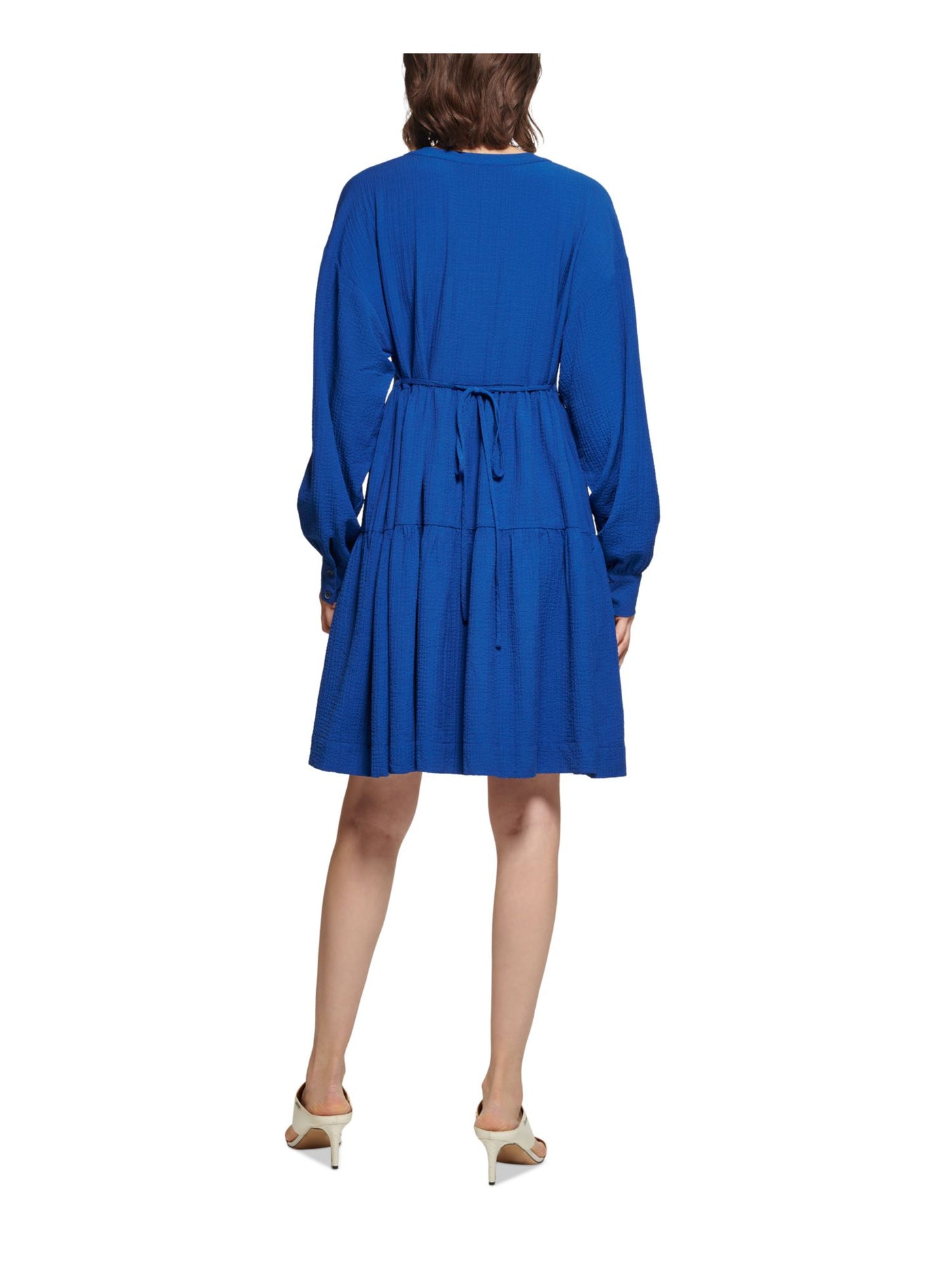 CALVIN KLEIN Womens Blue Textured Pocketed Tie-back Tiered Skirt Long Sleeve V Neck Above The Knee Party Fit + Flare Dress 10