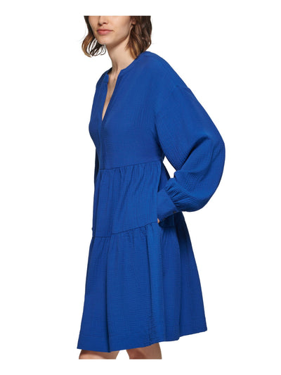 CALVIN KLEIN Womens Blue Textured Pocketed Tie-back Tiered Skirt Long Sleeve V Neck Above The Knee Party Fit + Flare Dress 10