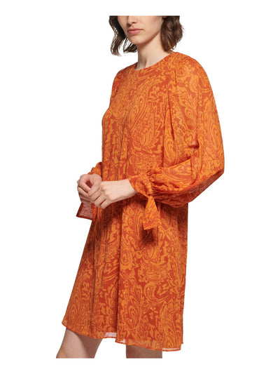 CALVIN KLEIN Womens Orange Lined Paisley Balloon Sleeve Round Neck Above The Knee Wear To Work Shift Dress Petites 4P