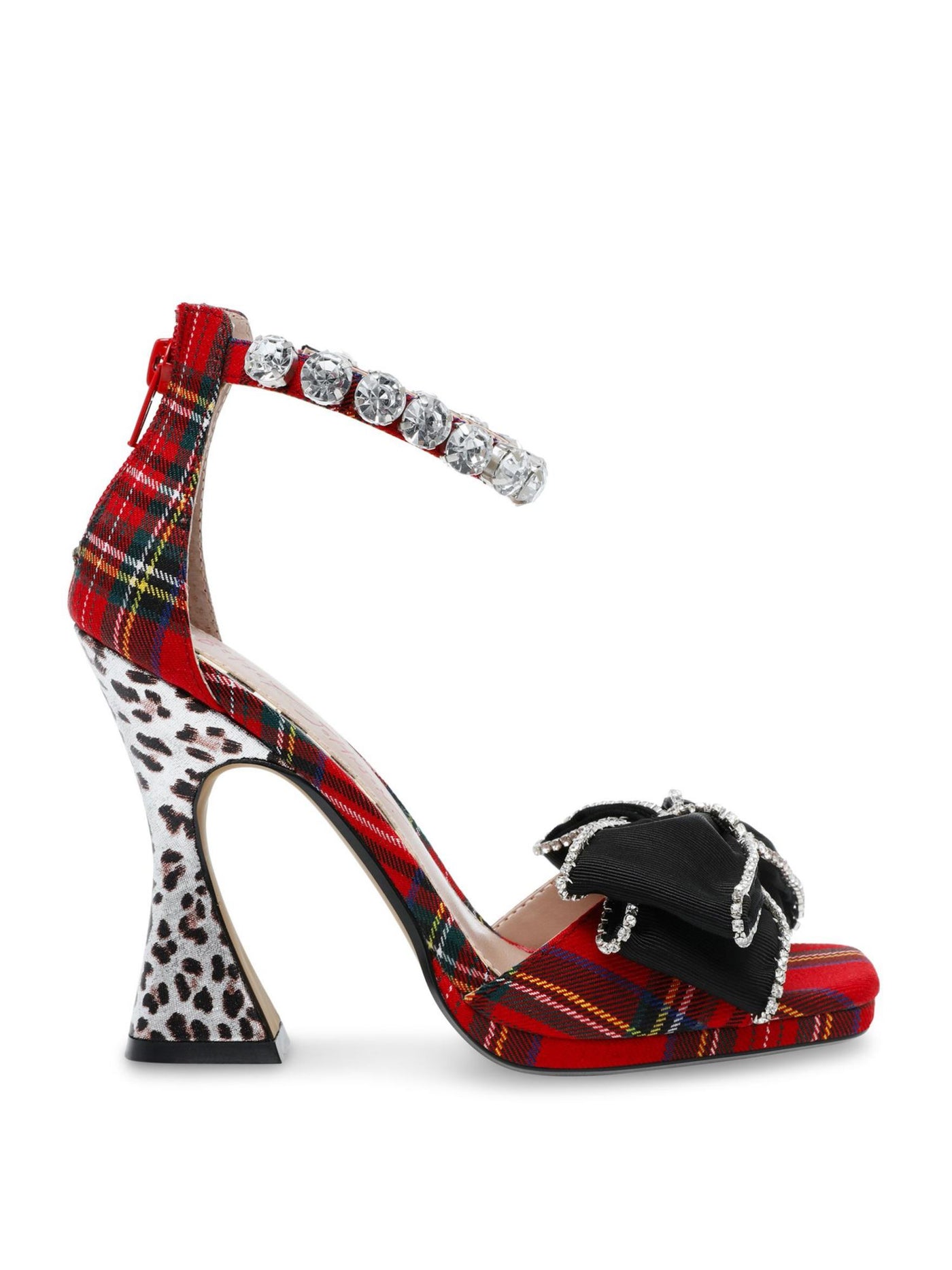 BETSEY JOHNSON Womens Red Plaid Padded Ankle Strap Bow Accent Embellished Guliana Square Toe Sculpted Heel Zip-Up Dress Heeled Sandal 11 M