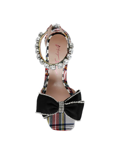BETSEY JOHNSON Womens White Plaid Padded Ankle Strap Bow Accent Embellished Guliana Square Toe Sculpted Heel Zip-Up Dress Heeled Sandal 6.5 M