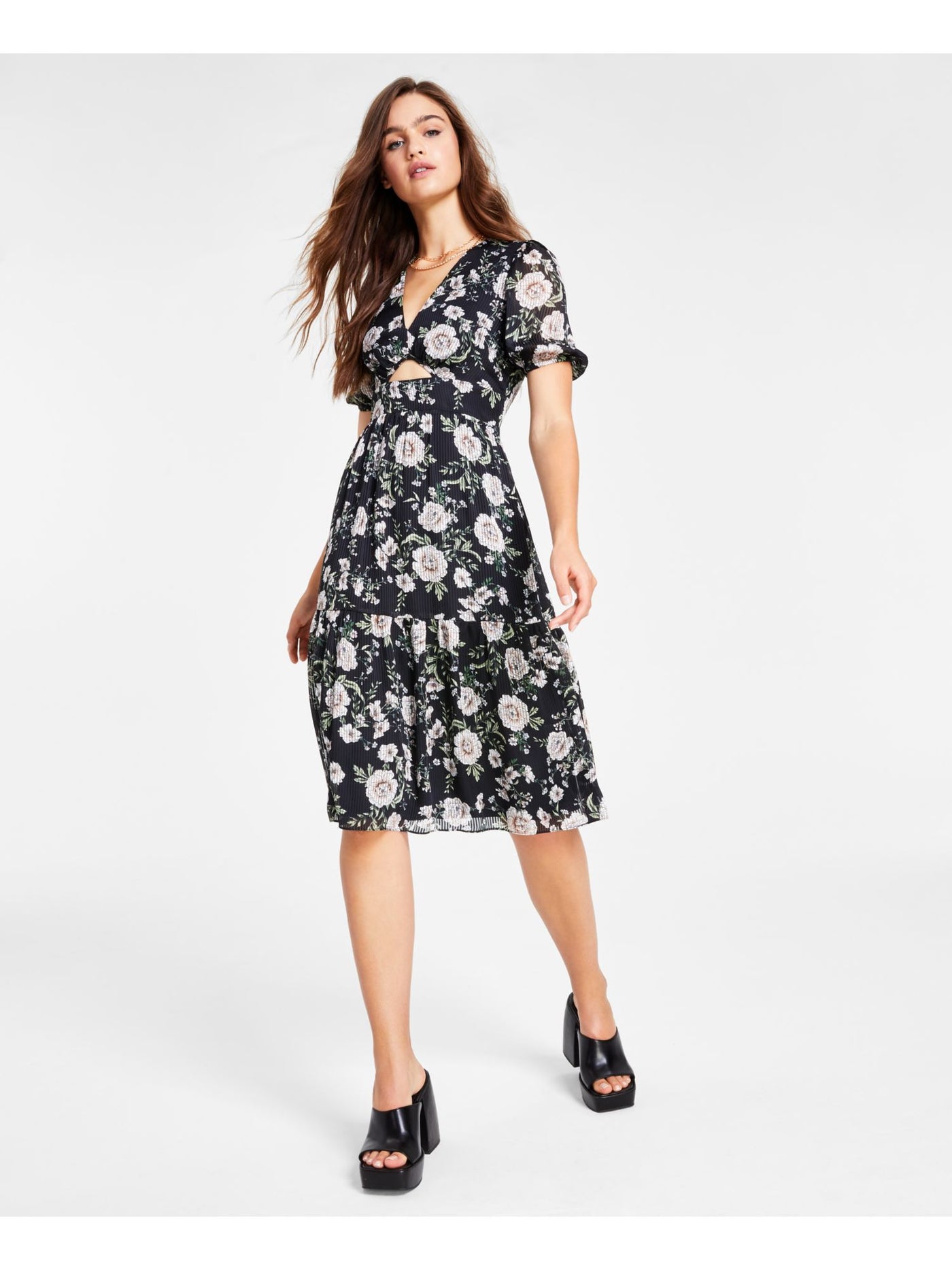 BAR III DRESSES Womens Black Cut Out Smocked Zippered Lined Floral Sho Bobbi + Bricka BAR III DRESSES Womens Black Cut Out Smocked Zippered Lined Floral Sho Bobbi + Bricka
