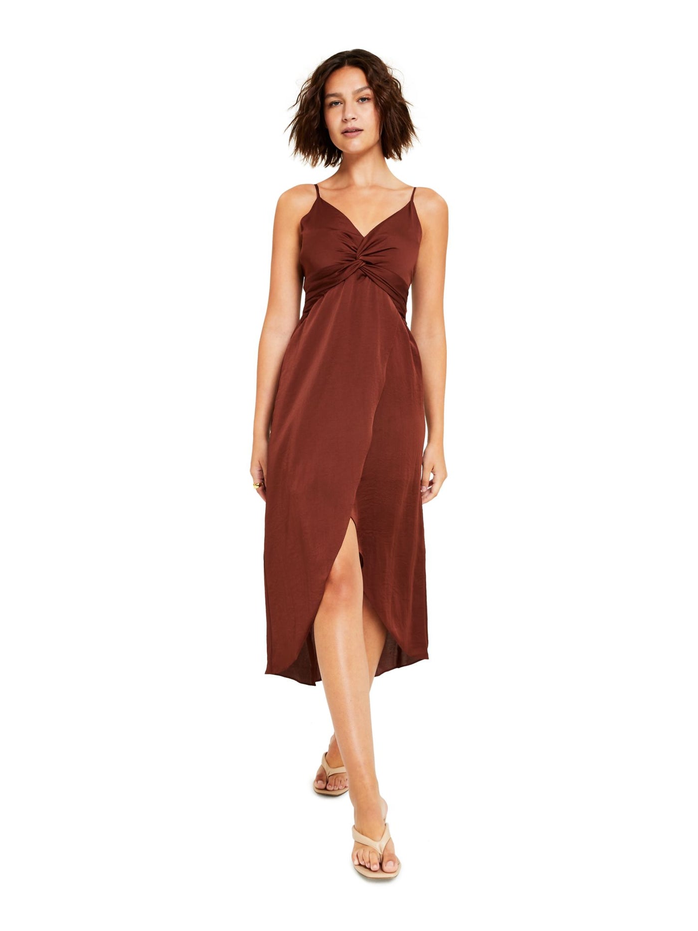 BAR III DRESSES Womens Brown Zippered Twist Front Hi-lo Tulip Hem Lined Sleeveless V Neck Midi Sheath Dress L