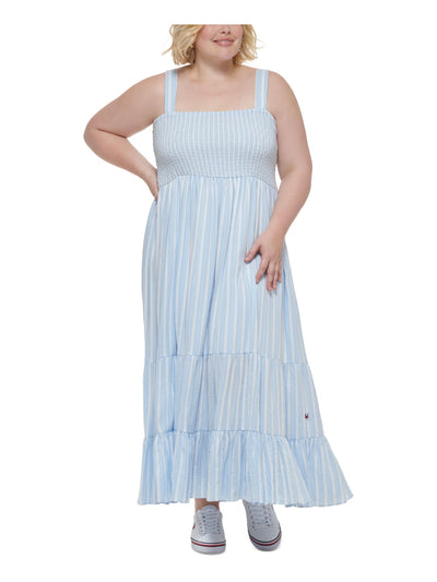 TOMMY HILFIGER Womens Light Blue Smocked Lined Tiered Pullover Striped Sleeveless Square Neck Maxi Fit + Flare Dress Plus 2X