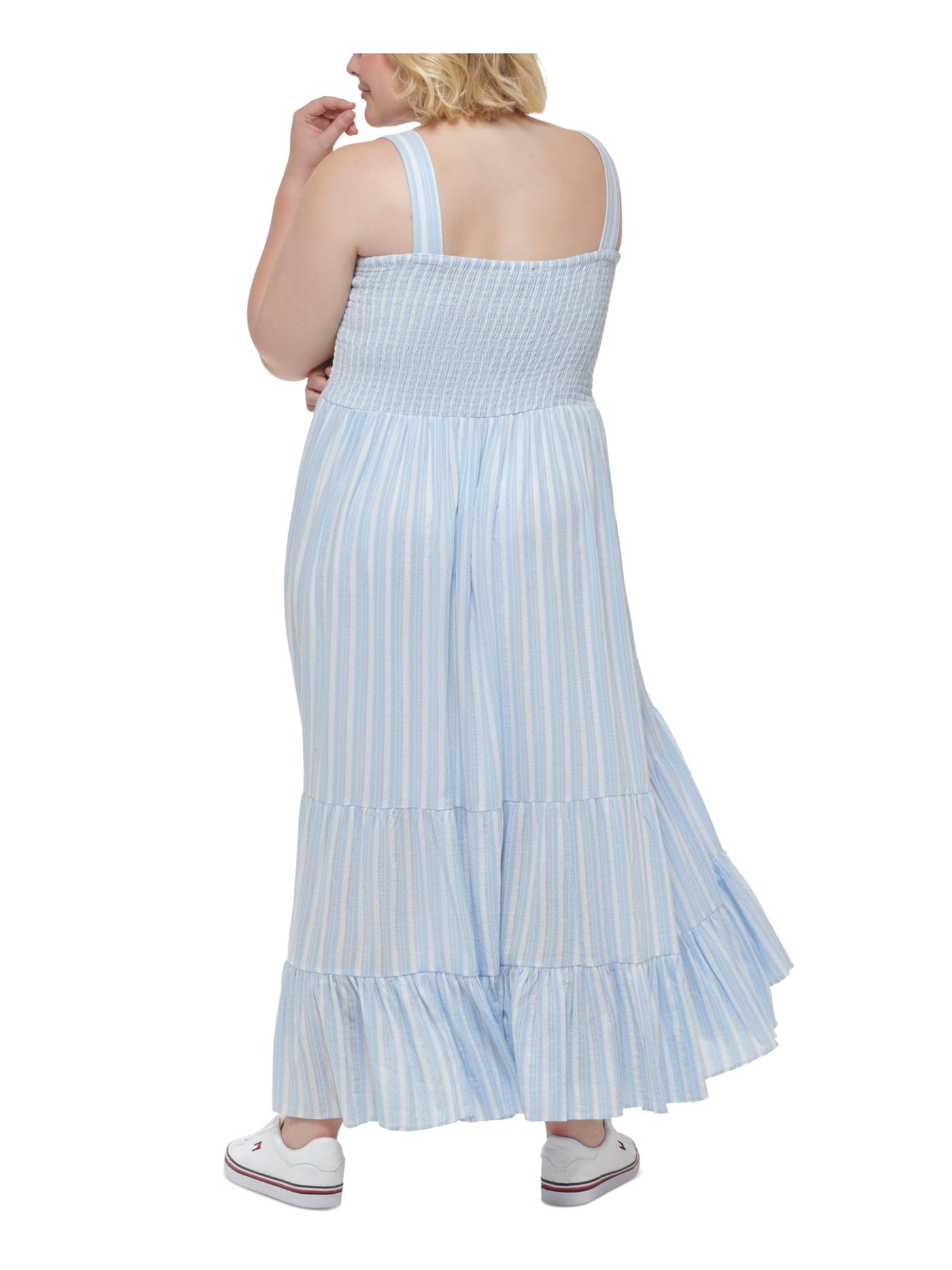 TOMMY HILFIGER Womens Light Blue Smocked Lined Tiered Pullover Striped Sleeveless Square Neck Maxi Fit + Flare Dress Plus 2X