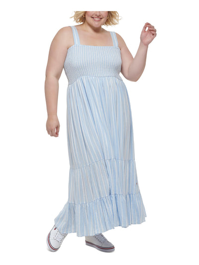 TOMMY HILFIGER Womens Light Blue Smocked Lined Tiered Pullover Striped Sleeveless Square Neck Maxi Fit + Flare Dress Plus 3X