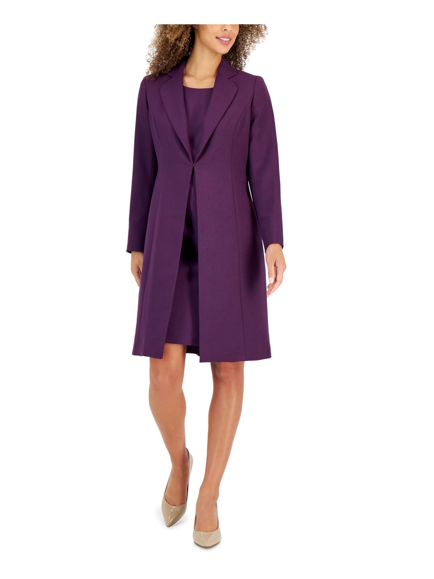 LE SUIT Womens Purple Zippered Slitted Clasp Closure Long Sleeve Blazer Sleeveless Scoop Neck Knee Length Wear To Work Sheath Dress 8