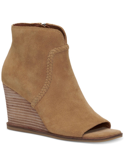 LUCKY BRAND Womens Beige V Notched Lureli Peep Toe Wedge Zip-Up Booties 7.5 M