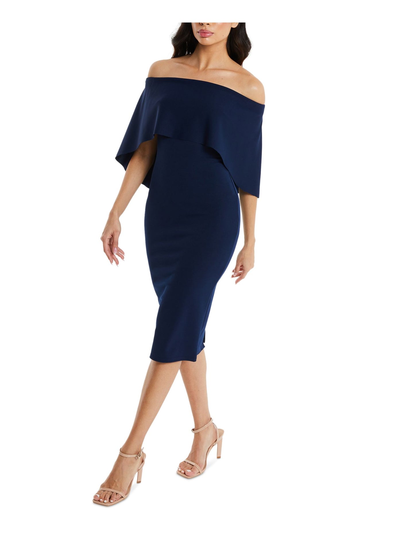 QUIZ Womens Navy Slitted Cape Overlay Pullover Flutter Sleeve Off Shoulder Midi Party Sheath Dress 14