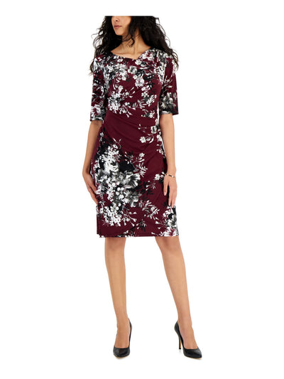 CONNECTED APPAREL Womens Burgundy Pleated Pullover Lined Bodice Wrap Look Floral Elbow Sleeve Asymmetrical Neckline Knee Length Wear To Work Fit + Flare Dress 10