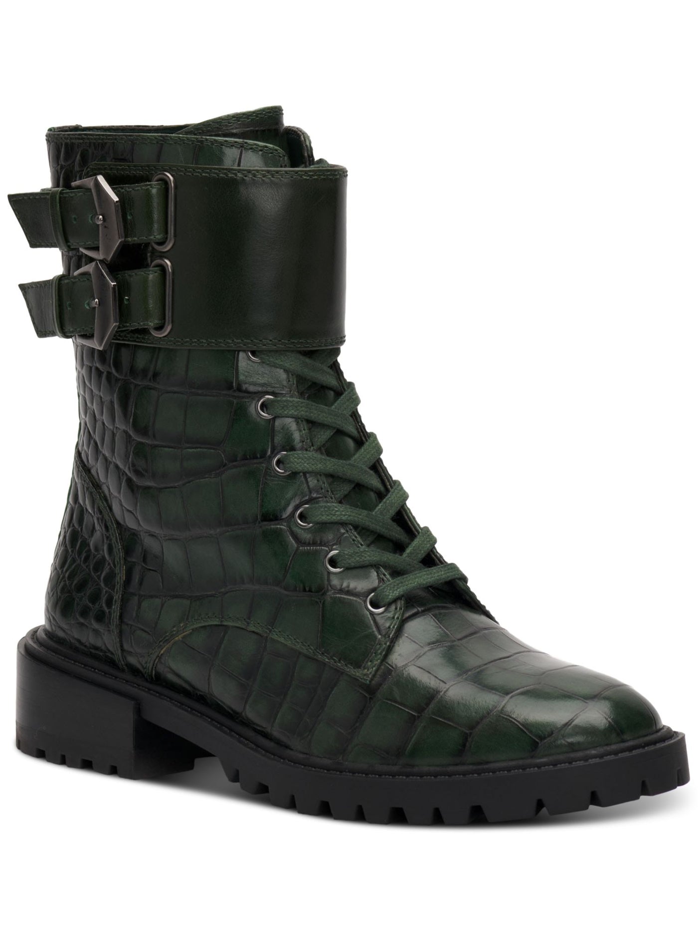 VINCE CAMUTO Womens Green Animal Print Lug Sole Lace Up Buckle Accent Padded Fawdry Round Toe Block Heel Zip-Up Leather Combat Boots 6.5 M