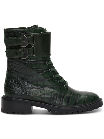 VINCE CAMUTO Womens Green Animal Print Lug Sole Lace Up Buckle Accent Padded Fawdry Round Toe Block Heel Zip-Up Leather Combat Boots 10 M