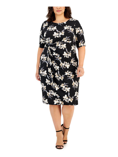 CONNECTED APPAREL Womens Black Floral Short Sleeve Round Neck Below The Knee Wear To Work Sheath Dress Plus 22W
