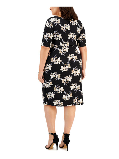 CONNECTED APPAREL Womens Black Floral Short Sleeve Round Neck Below The Knee Wear To Work Sheath Dress Plus 22W