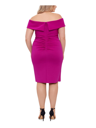 X BY XSCAPE Womens Purple Zippered Short Sleeve Off Shoulder Below The Knee Cocktail Sheath Dress Plus 20W