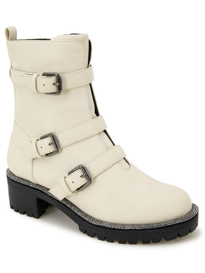 REACTION KENNETH COLE Womens Ivory Buckled Straps Embellished Padded Tate Round Toe Block Heel Zip-Up Moto 8