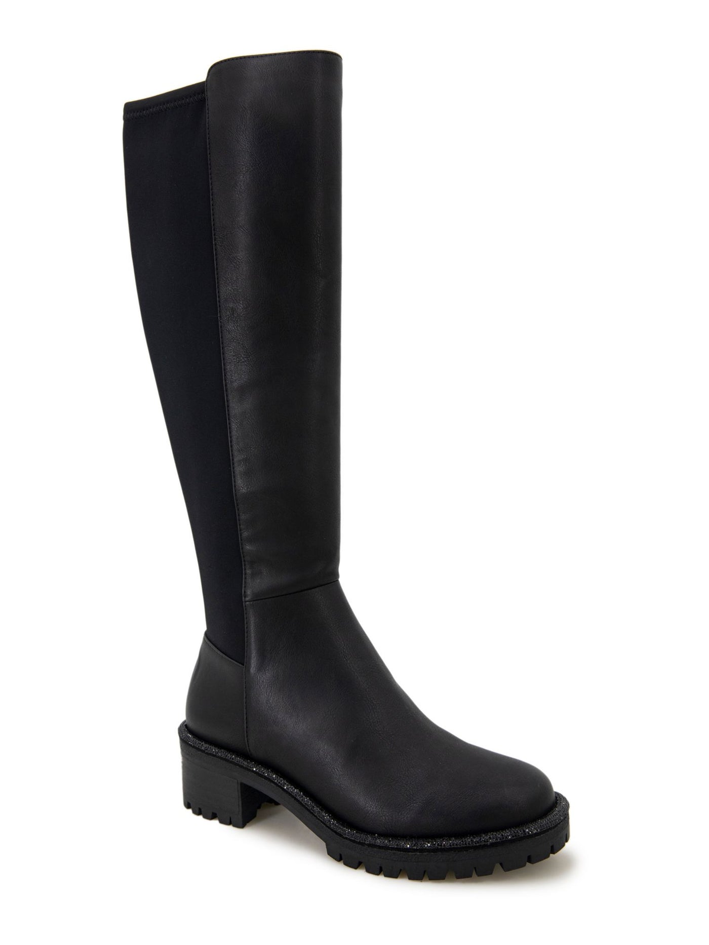 REACTION KENNETH COLE Womens Black Mixed Media Back Stretch Panel Jeweled Welt Detail Lug Sole Padded Tate Jewel Round Toe Block Heel Zip-Up Riding Boot 7