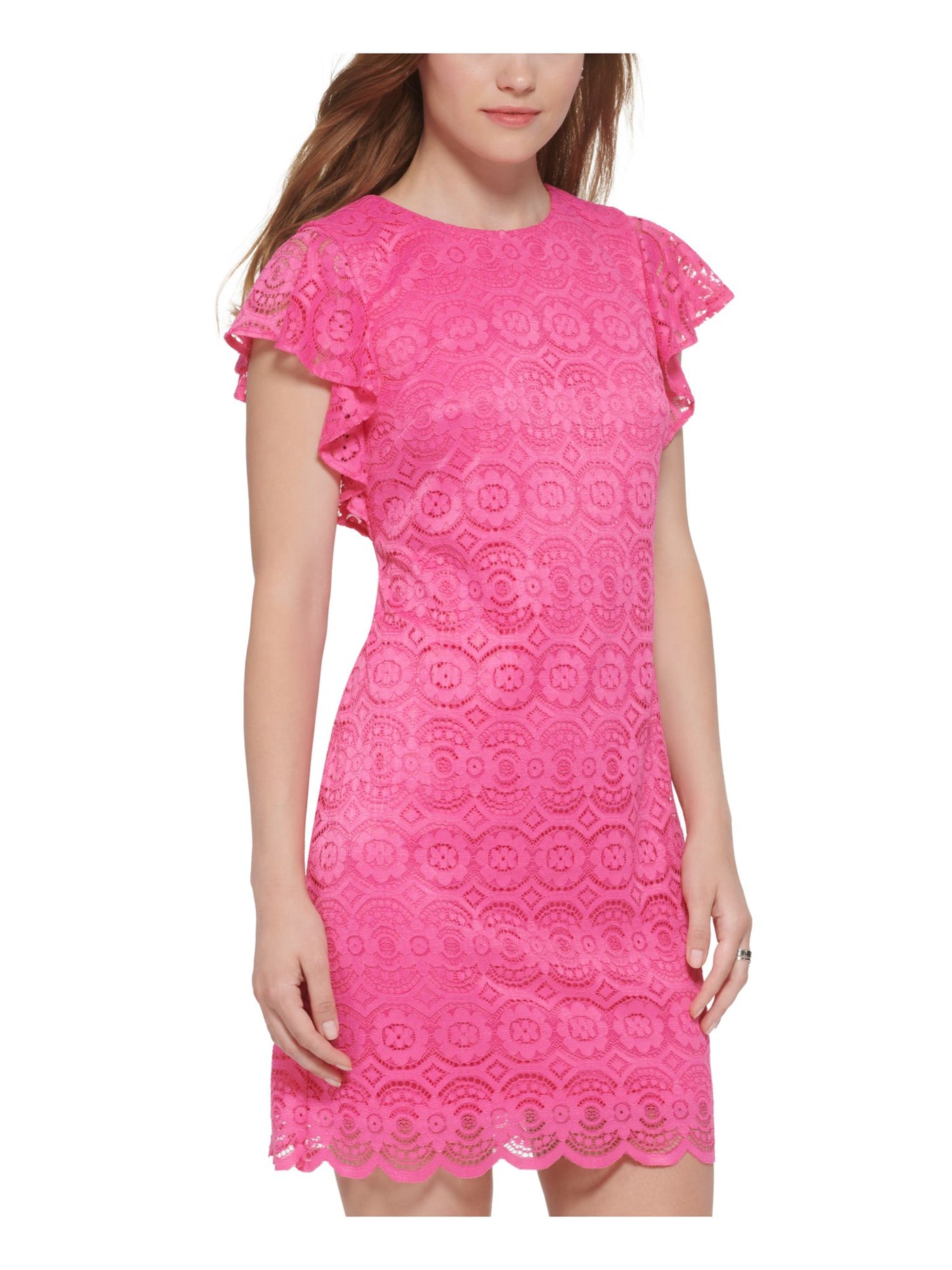 JESSICA HOWARD PETITES Womens Pink Zippered Scalloped Lace Keyhole Back Sheer Floral Flutter Sleeve Round Neck Above The Knee Sheath Dress Petites 6P