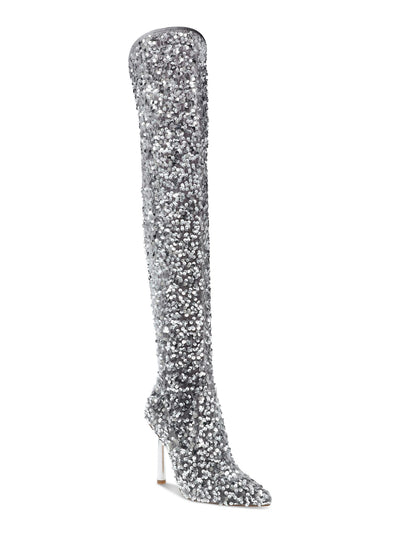 STEVE MADDEN Womens Silver Sequined Padded Vivee Pointed Toe Sculpted Heel Zip-Up Heeled Boots 5 M