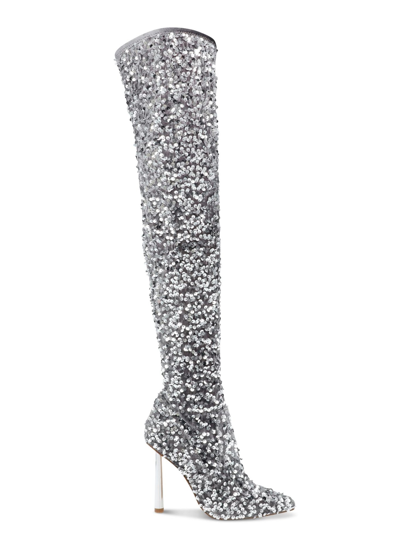 STEVE MADDEN Womens Silver Sequined Padded Vivee Pointed Toe Sculpted Heel Zip-Up Heeled Boots 5 M