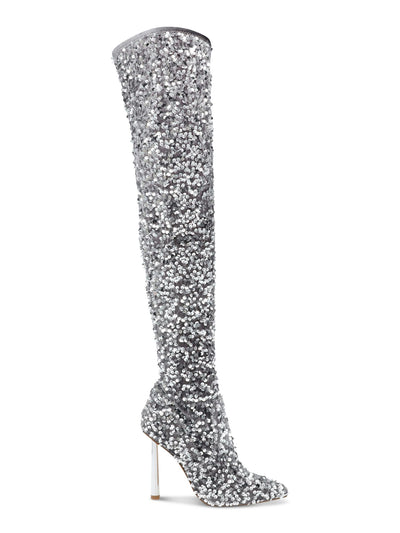 STEVE MADDEN Womens Gray Sequined Padded Vivee Pointed Toe Sculpted Heel Zip-Up Heeled Boots 9.5 M