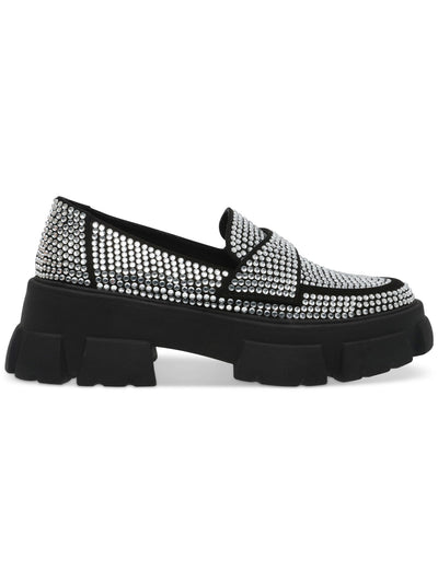 STEVE MADDEN Womens Black Rhinestone Lug Sole Trifecta Round Toe Block Heel Slip On Loafers Shoes 6 M