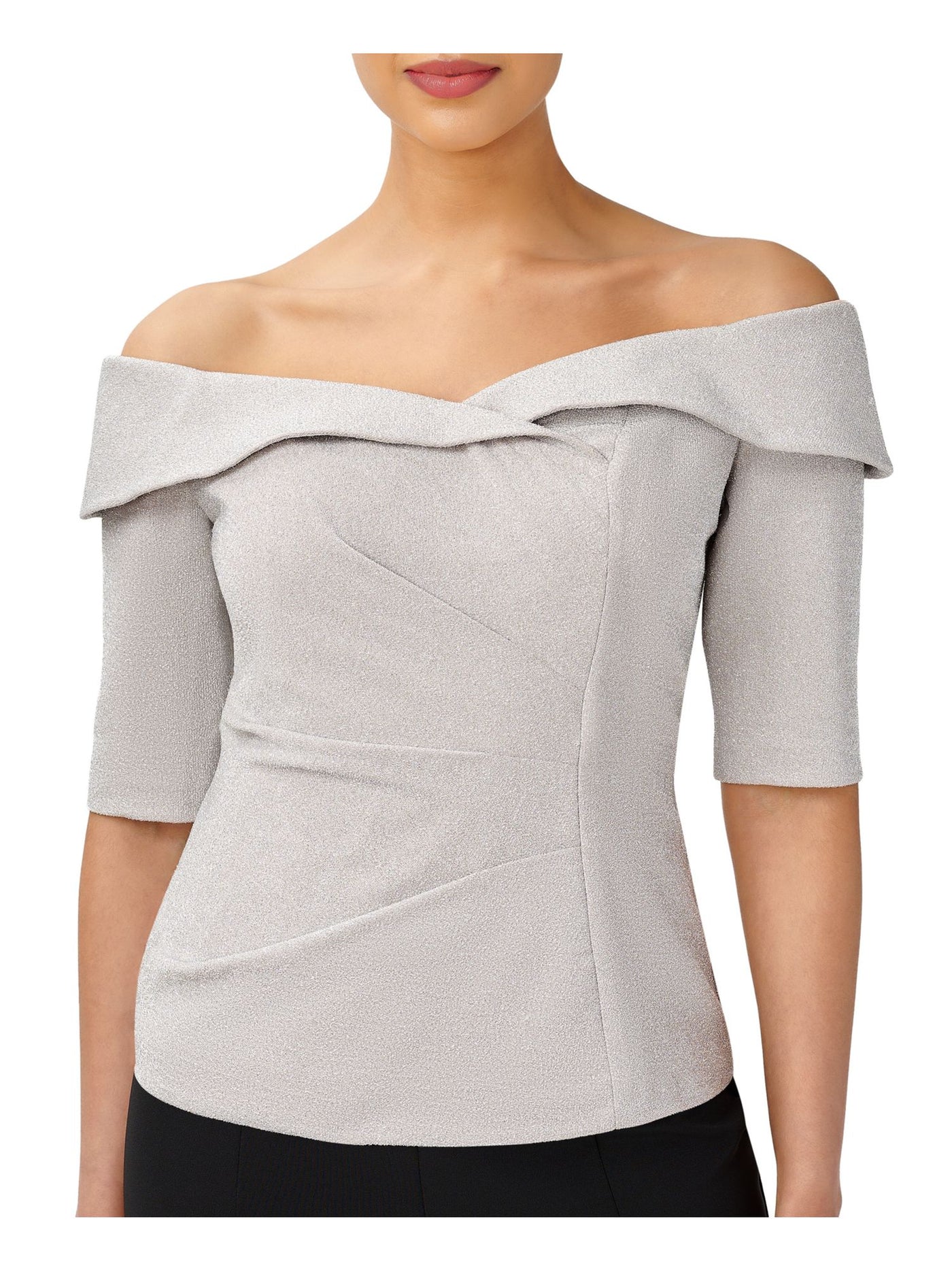 ADRIANNA PAPELL Womens Silver Zippered Pleated Lined Elbow Sleeve Off Shoulder Evening Top 16