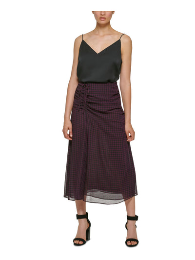 CALVIN KLEIN Womens Black Zippered Tie Check Midi A-Line Skirt 2