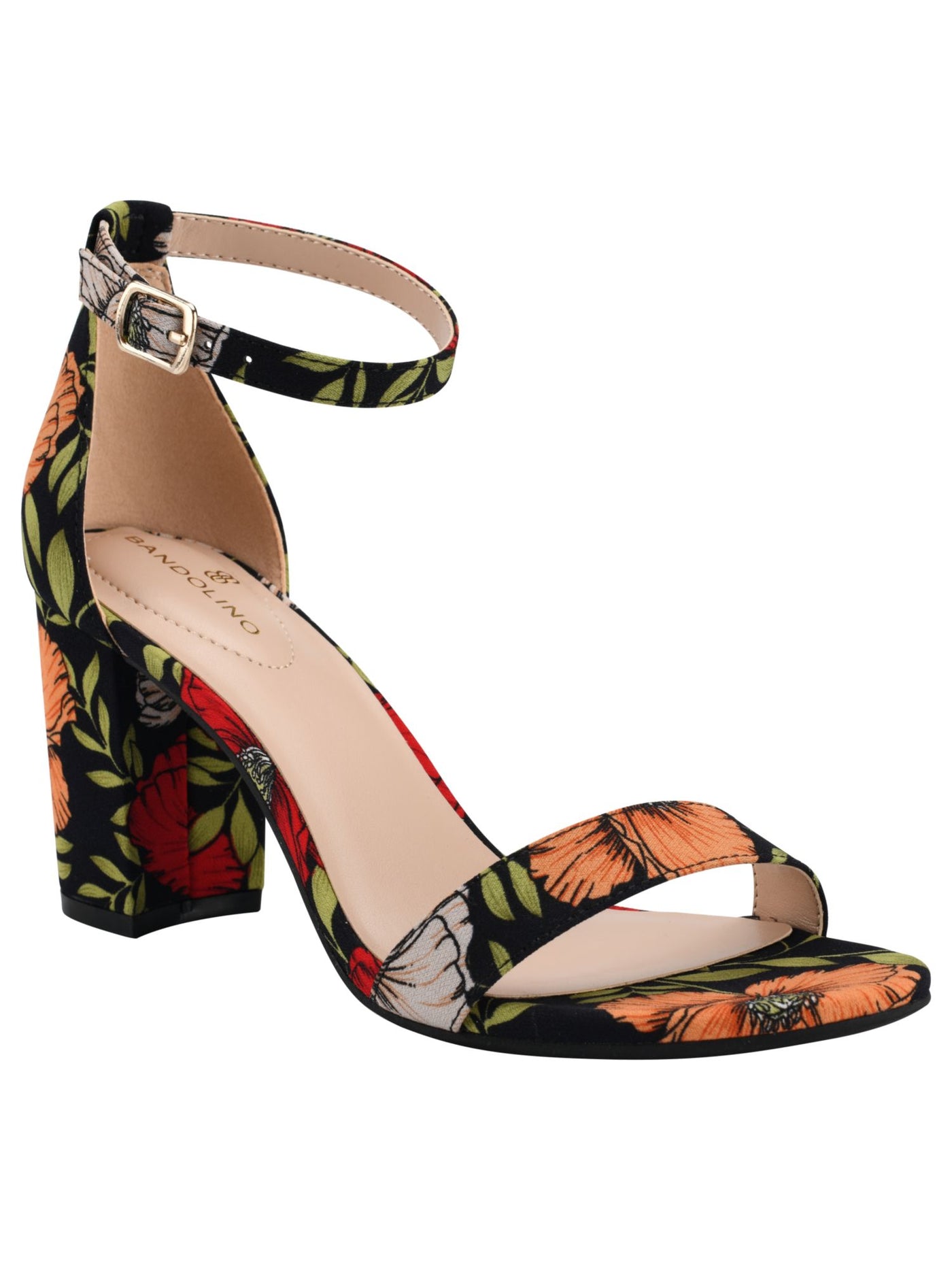 BANDOLINO Womens Black Floral Ankle Strap Padded Armory Round Toe Block Heel Buckle Dress Heeled Sandal 7 M