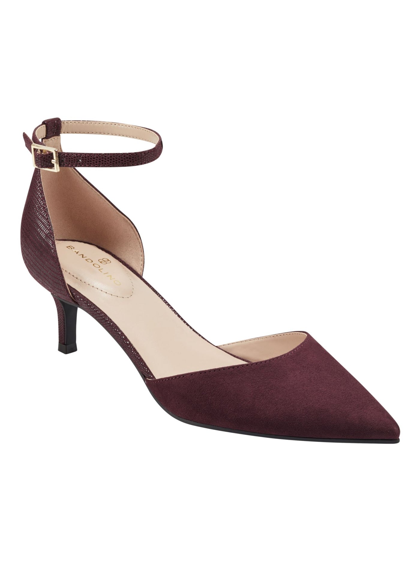 BANDOLINO Womens Burgundy Mixed Media Ankle Strap Padded Maeve Pointed Toe Kitten Heel Buckle Dress Pumps Shoes 7 M