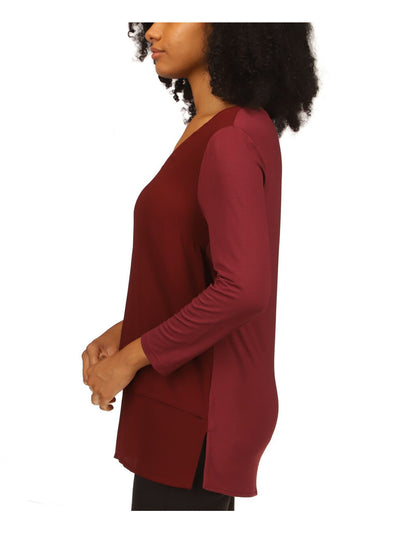 MICHAEL MICHAEL KORS Womens Maroon 3/4 Sleeve V Neck Top S