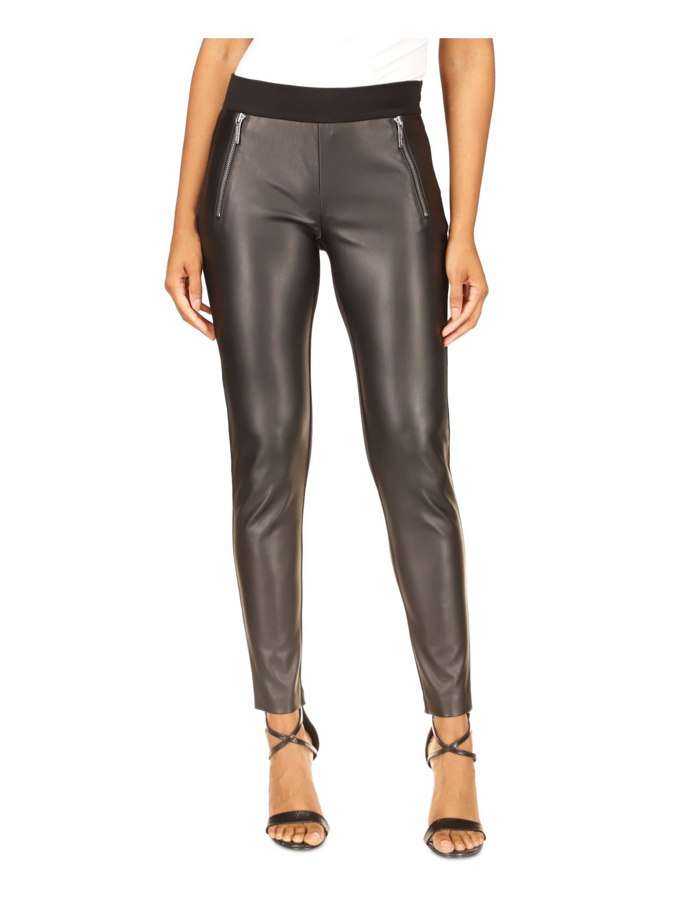 MICHAEL MICHAEL KORS Womens Black Faux Leather Zippered Pocketed Pull On Cocktail Skinny Pants Petites P\XS