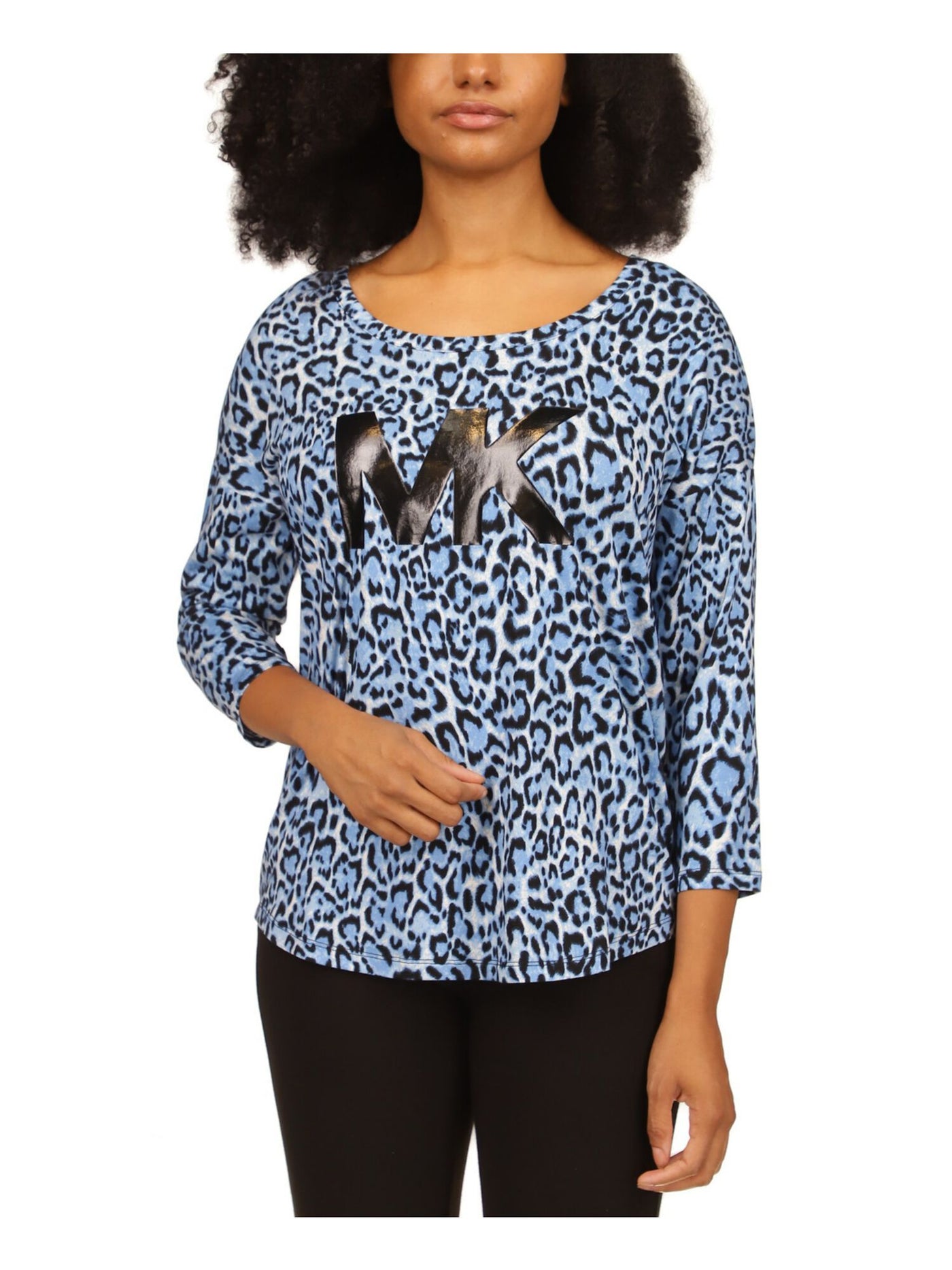 MICHAEL KORS Womens Blue Animal Print 3/4 Sleeve Scoop Neck T-Shirt S
