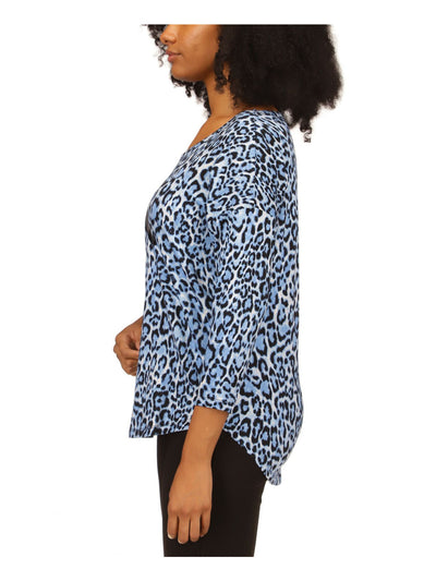 MICHAEL KORS Womens Blue Animal Print 3/4 Sleeve Scoop Neck T-Shirt S