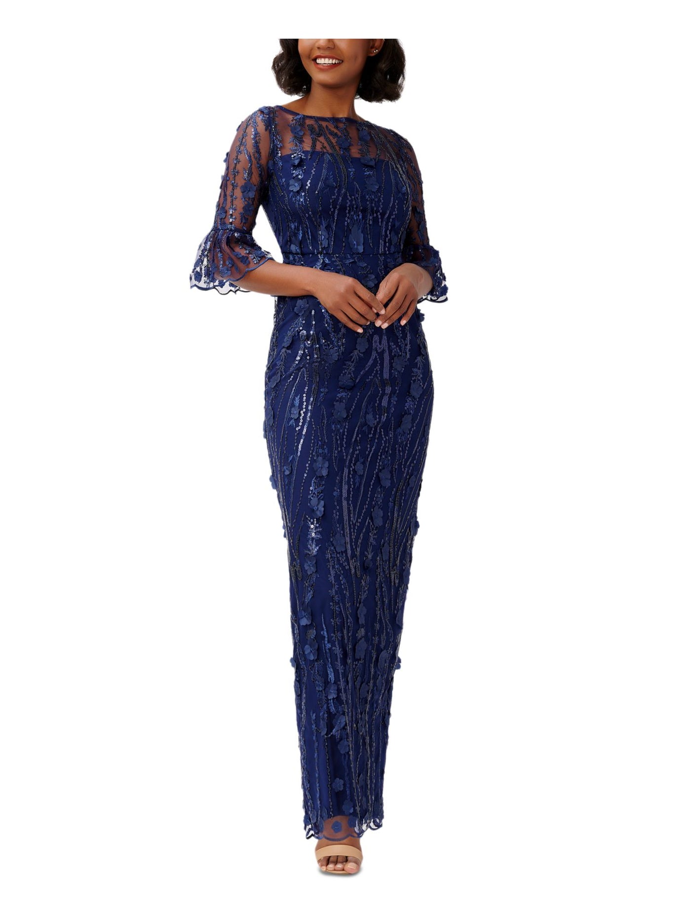 ADRIANNA PAPELL Womens Navy Embellished Sequined Line 3-d Floral Bell Sleeves 3/4 Sleeve Boat Neck Maxi Cocktail Sheath Dress 2