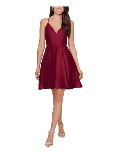 BLONDIE NITES Womens Maroon Zippered Lined Lace-up Back Spaghetti Strap V Neck Short Party Fit + Flare Dress Juniors 5