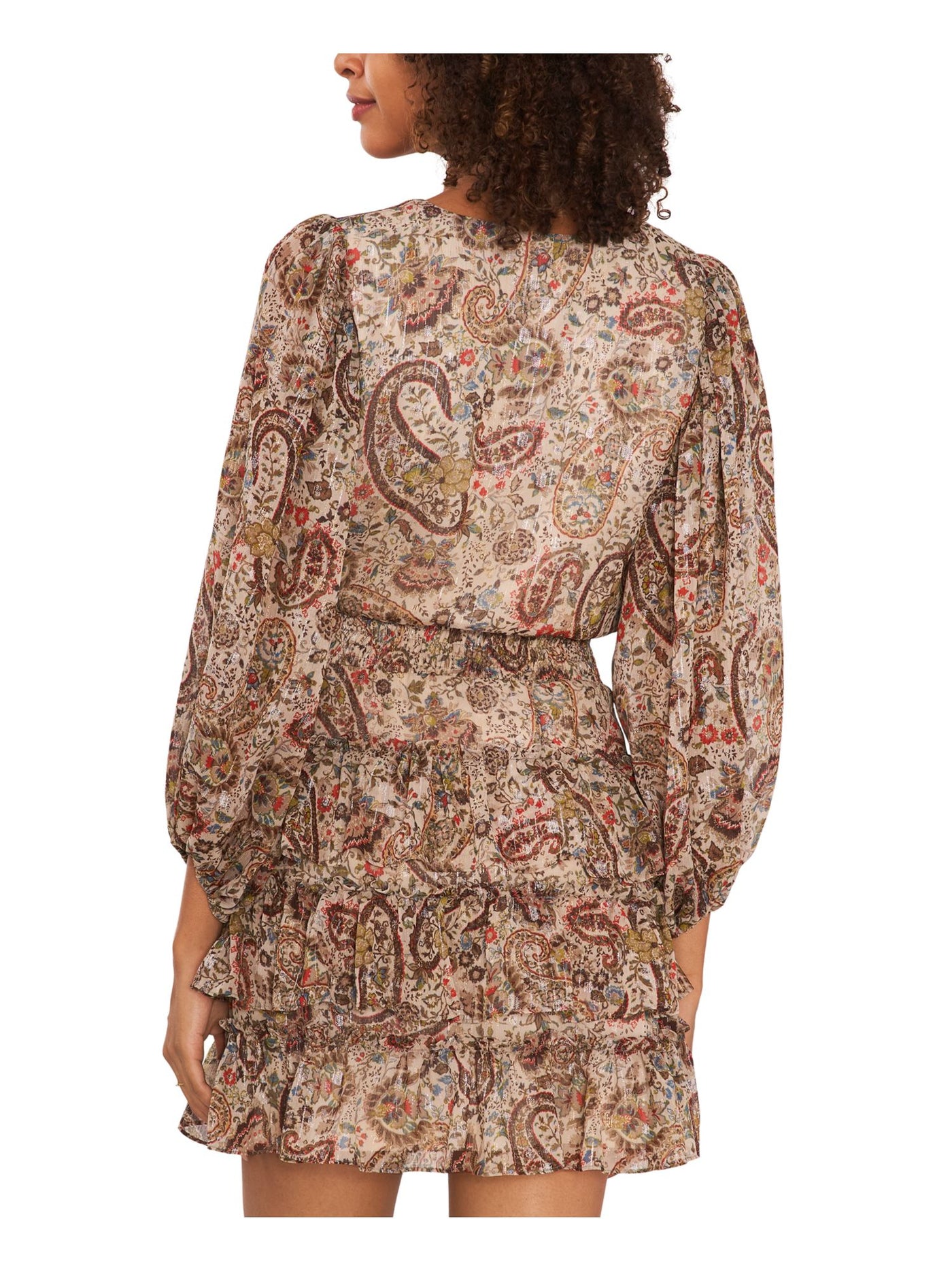 VINCE CAMUTO Womens Beige Smocked Ruffled Tiered Skirt Lined Paisley 3/4 Sleeve V Neck Mini Fit + Flare Dress XS