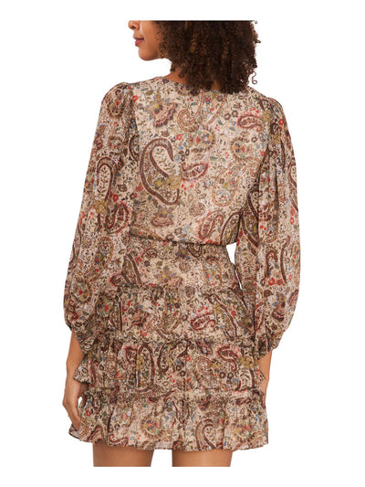VINCE CAMUTO Womens Beige Smocked Ruffled Tiered Skirt Lined Paisley 3/4 Sleeve V Neck Mini Fit + Flare Dress M