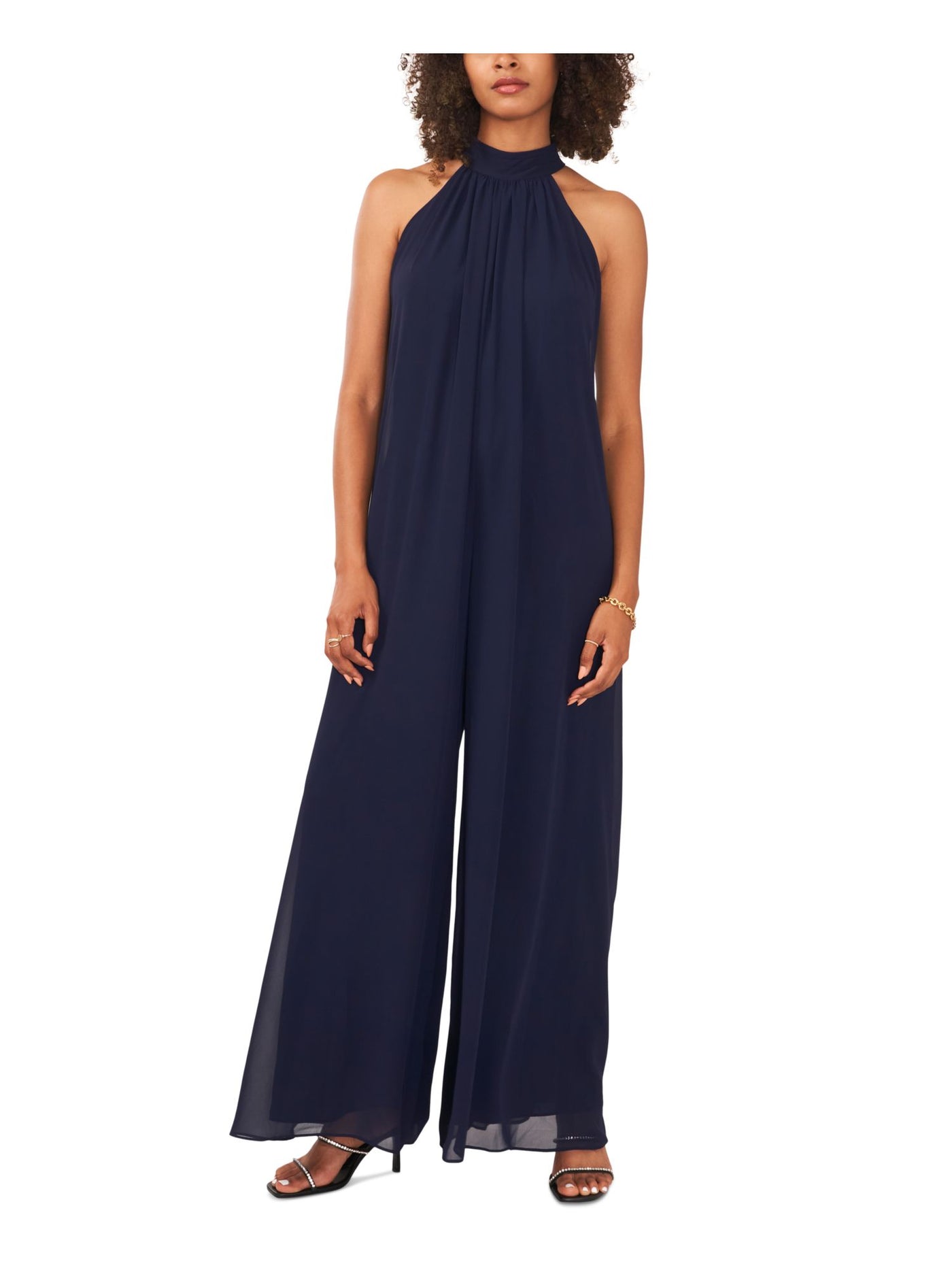 VINCE CAMUTO Womens Navy Lined Zippered Sheer Tie Back Sleeveless Halter Wide Leg Jumpsuit XS