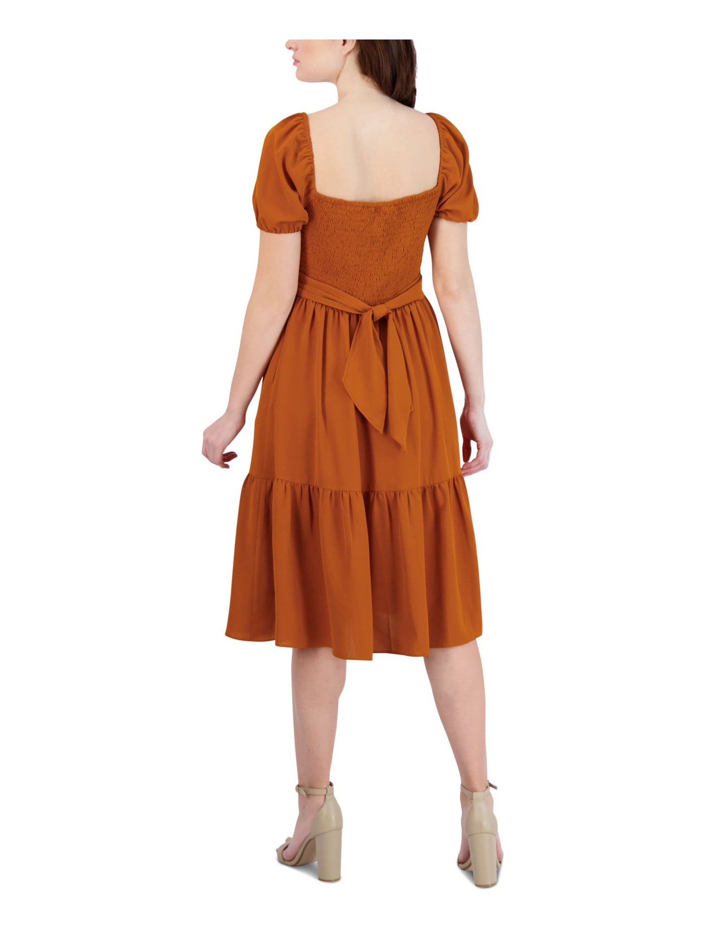 BCBGENERATION Womens Orange Smocked Short Sleeve Queen Anne Neckline Below The Knee Baby Doll Dress 16