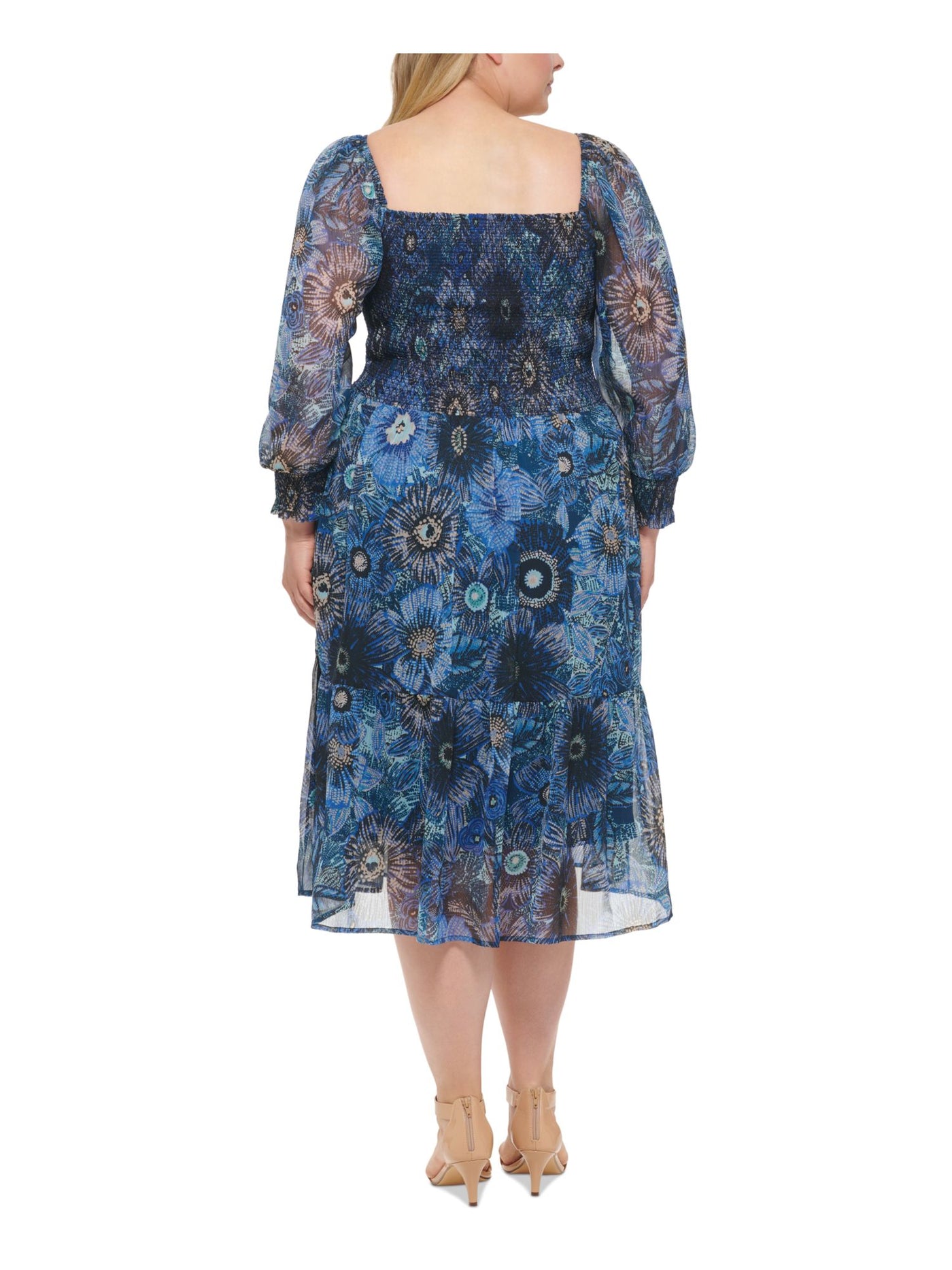 VINCE CAMUTO Womens Blue Smocked Pullover Printed Balloon Sleeve Square Neck Midi Fit + Flare Dress Plus 22W