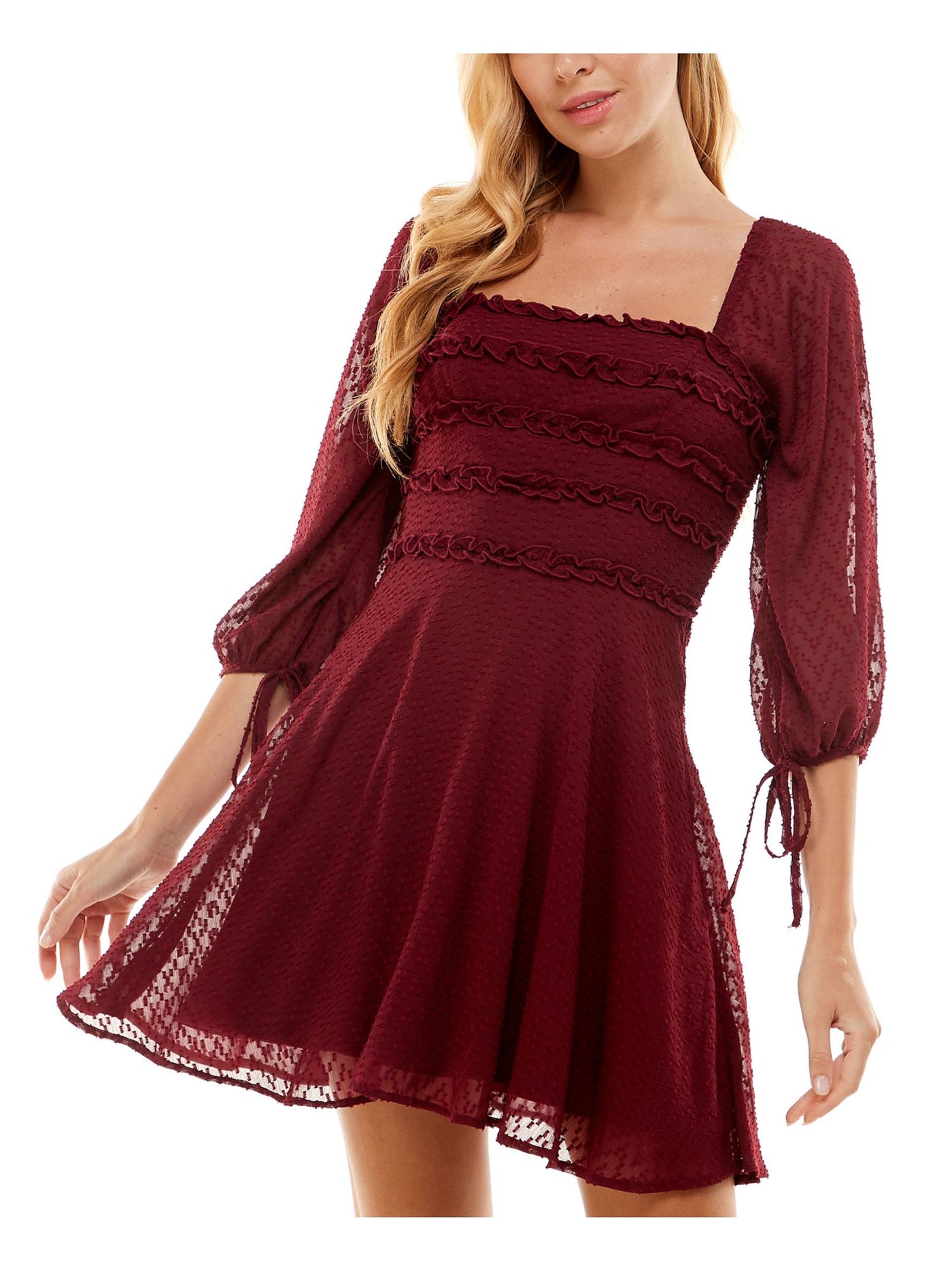 CITY STUDIO Womens Burgundy Ruffled Zippered Tie Cuffs Lined Sheer 3/4 Sleeve Square Neck Short Party Fit + Flare Dress Juniors XXS