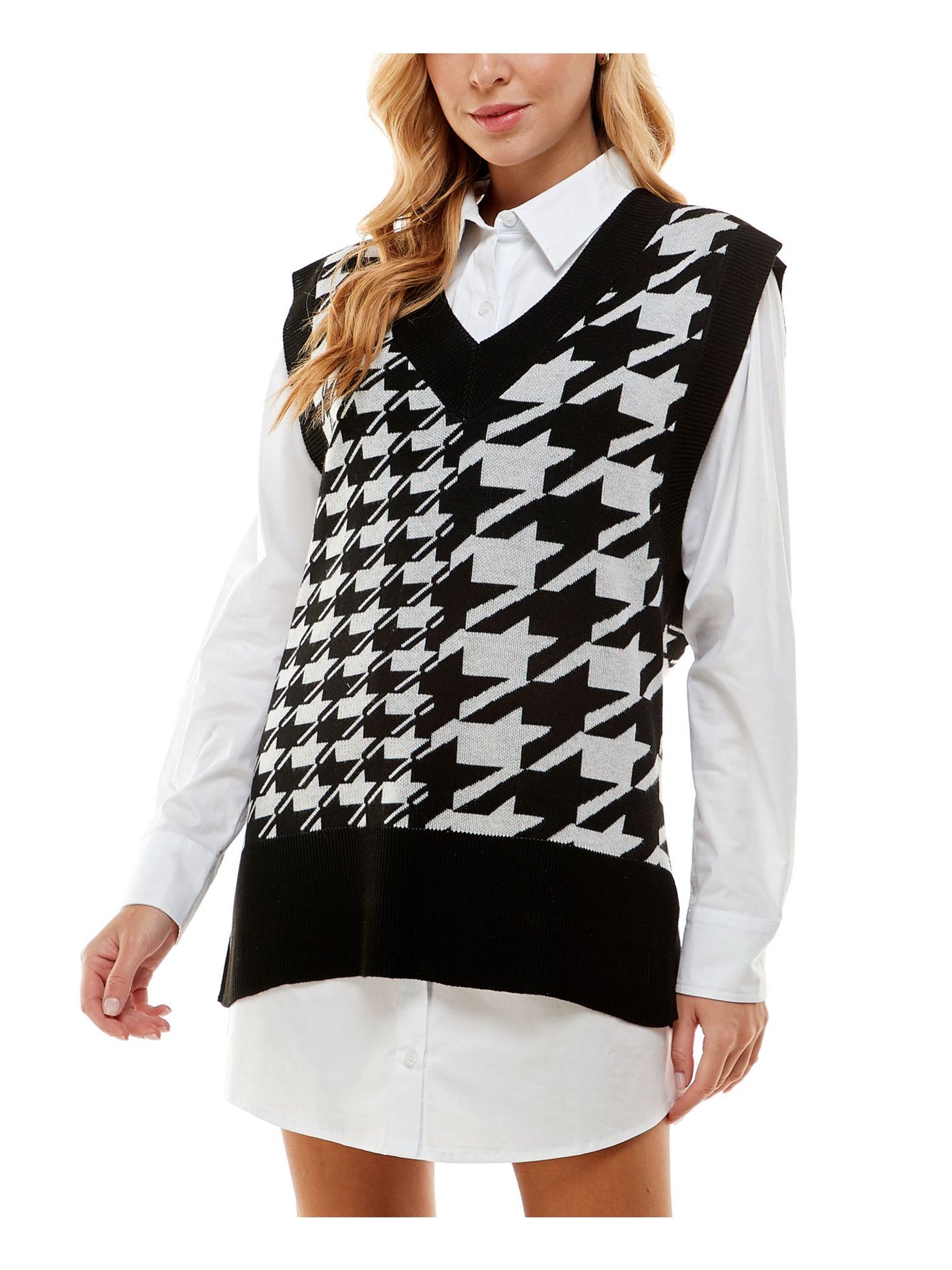 KINGSTON GREY Womens Black Houndstooth Cuffed Sleeve Collared Short Shirt Dress Juniors M