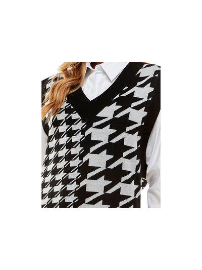 KINGSTON GREY Womens Black Houndstooth Cuffed Sleeve Collared Short Shirt Dress Juniors S