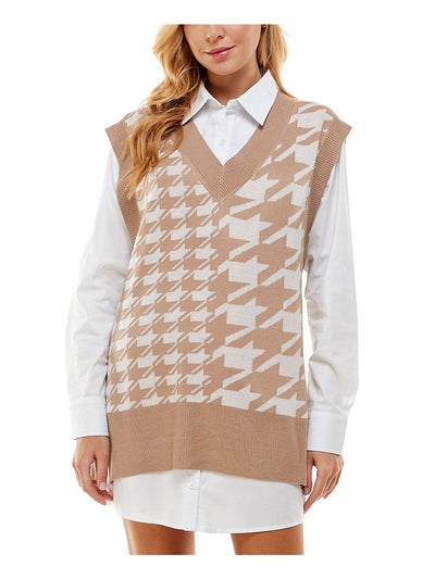 KINGSTON GREY Womens Beige Houndstooth Cuffed Sleeve Collared Short Shirt Dress Juniors L